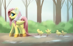 Size: 3180x2000 | Tagged: safe, artist:confetticakez, fluttershy, bird, duck, pegasus, pony, g4, duckling, forest, high res, looking back, smiling