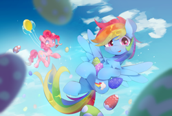 Size: 4069x2750 | Tagged: safe, artist:lexiedraw, pinkie pie, rainbow dash, earth pony, pegasus, pony, g4, balloon, cloud, duo, easter, easter egg, exclamation point, floating, flying, high res, holiday, looking at you, then watch her balloons lift her up to the sky