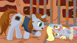 Size: 1920x1080 | Tagged: safe, artist:toshimatsu, derpibooru exclusive, derpy hooves, oc, oc:littlepip, ghoul, pegasus, pony, undead, unicorn, fallout equestria, g4, book, bookshelf, bottomless, cage, clothes, fanfic, fanfic art, female, golden oaks library, hooves, horn, jumpsuit, lying down, partial nudity, pipboy, pipbuck, raised hoof, rope, rust, smiling, standing, tail, tied up, vault suit