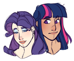 Size: 1920x1604 | Tagged: safe, artist:tsetsera, rarity, twilight sparkle, human, g4, alternate hairstyle, blushing, bushy brows, bust, eyeshadow, female, humanized, lesbian, looking at each other, makeup, open mouth, ship:rarilight, shipping, simple background, thick eyebrows, transparent background
