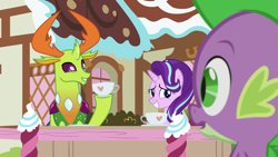 Size: 1920x1080 | Tagged: safe, screencap, spike, starlight glimmer, thorax, changedling, changeling, dragon, pony, unicorn, g4, triple threat, cup, female, king thorax, male, mare, teacup