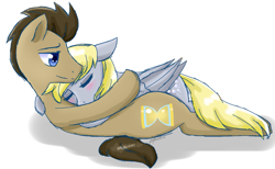 Size: 939x577 | Tagged: safe, artist:lobunny, derpy hooves, doctor whooves, time turner, earth pony, pegasus, pony, g4, cuddling, eyes closed, female, male, mare, ship:doctorderpy, shipping, simple background, stallion, straight, white background
