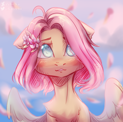 Size: 2067x2046 | Tagged: safe, artist:zefirka, fluttershy, pegasus, pony, g4, blushing, chest fluff, cloud, cute, female, floppy ears, flower, flower in hair, hair over one eye, high res, mare, shyabetes, solo