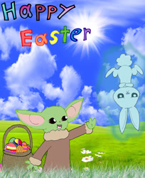 Size: 2287x2800 | Tagged: safe, artist:pokeneo1234, angel bunny, g4, 1000 hours in ms paint, crossover, easter, easter egg, grogu, happy easter, high res, holiday, star wars, the mandalorian