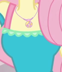 Size: 1920x2224 | Tagged: safe, screencap, fluttershy, human, dashing through the mall, equestria girls, equestria girls series, g4, holidays unwrapped, spoiler:eqg series (season 2), boobshot, breasts, clothes, cropped, dress, female, geode of fauna, jewelry, magical geodes, necklace, pictures of chests, solo, teenager