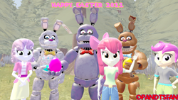 Size: 3840x2160 | Tagged: safe, artist:optimussparkle, apple bloom, scootaloo, sweetie belle, equestria girls, g4, 3d, bonnie (fnaf), chocolate bonnie, easter, easter bonnie, easter egg, egg, five nights at freddy's, five nights at freddy's ar special delivery, high res, holiday, source filmmaker