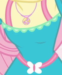 Size: 1920x2355 | Tagged: safe, screencap, fluttershy, human, dashing through the mall, equestria girls, equestria girls specials, g4, my little pony equestria girls: better together, my little pony equestria girls: holidays unwrapped, armpits, boobshot, breasts, clothes, cropped, cutie mark, cutie mark on clothes, dress, female, geode of fauna, jewelry, magical geodes, necklace, pictures of chests, solo, teenager