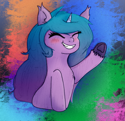 Size: 1345x1305 | Tagged: safe, artist:moonlightrift, izzy moonbow, pony, unicorn, g5, abstract background, blushing, chest fluff, ear fluff, eyes closed, female, mare, raised hoof, smiling, solo, unshorn fetlocks, waving