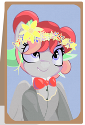 Size: 712x1041 | Tagged: safe, artist:coffeeponee, oc, oc only, oc:coffea flower, pegasus, pony, bowtie, bust, clothes, floral head wreath, flower, flower in hair, happy, lip bite, picture frame, portrait, smiling, solo, suit, vest