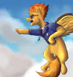 Size: 3000x3200 | Tagged: safe, artist:applejackofalltrades, spitfire, pegasus, pony, g4, aviator sunglasses, clothes, flying, high res, jacket, pointing, solo, sunglasses, whistle, whistle necklace, wonderbolts