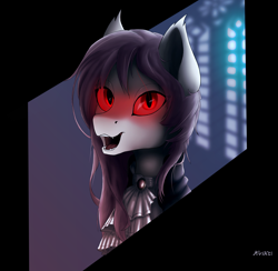 Size: 3747x3664 | Tagged: safe, artist:kviksi, fluttershy, bat pony, pony, vampire, g4, bat ponified, brooch, bust, clothes, fangs, female, flutterbat, glowing eyes, high res, jewelry, looking at you, open mouth, portrait, race swap, red eyes, simple background, solo, victorian