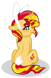 Size: 3000x4542 | Tagged: safe, artist:grapefruit-face, sunset shimmer, pony, unicorn, g4, base used, blushing, bunny ears, bunny tail, bunset shimmer, butt, cute, embarrassed, female, looking at you, looking back, mare, show accurate, simple background, sitting, solo, transparent background