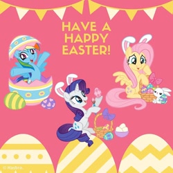 Size: 1080x1080 | Tagged: safe, part of a set, angel bunny, fluttershy, rainbow dash, rarity, pegasus, pony, unicorn, g4, official, animal costume, bunny costume, clothes, costume, cute, easter, easter bunny, easter egg, hatching, holiday, instagram