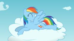 Size: 1280x720 | Tagged: safe, artist:ursamanner, rainbow dash, pegasus, pony, g4, animated, cloud, cute, cutie mark, dashabetes, eyes closed, female, gif, grooming, lying down, mare, on a cloud, preening, prone, show accurate, sky, smiling, solo, wings
