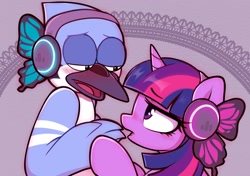 Size: 2491x1758 | Tagged: safe, artist:moozua, twilight sparkle, bird, blue jay, pony, unicorn, g4, blushing, butterfly wings, crack shipping, crossover, crossover shipping, duo, female, headphones, looking at each other, male, mordecai, mordetwi, open mouth, regular show, shipping, straight, unicorn twilight, wings