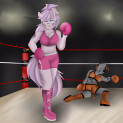 Size: 2894x2894 | Tagged: safe, artist:glacy art, oc, oc:dusk strike, oc:love punch, earth pony, pegasus, anthro, boxing, boxing gloves, boxing ring, clothes, high res, sports, sports bra
