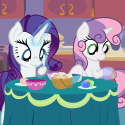 Size: 2000x2000 | Tagged: safe, artist:nitei, rarity, sweetie belle, pony, unicorn, g4, basket, bowl, crayon, dye, easter egg, egg, female, filly, foal, high res, kitchen, magic, mare, show accurate, siblings, sisters, stain, table