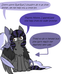 Size: 722x860 | Tagged: safe, artist:chezamoon18, oc, oc only, oc:half moon, oc:rune riddle, pegasus, pony, april fools, april fools 2021, brother and sister, chest fluff, colt, dialogue, feather, female, filly, fluffy, grooming, half-siblings, male, nom, pegasus oc, preening, sibling bonding, siblings, simple background, sitting, two toned mane, two toned wings, unshorn fetlocks, white background, wings