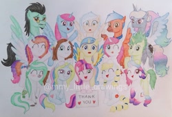 Size: 1080x735 | Tagged: safe, artist:mmy_little_drawings, oc, oc only, alicorn, earth pony, pegasus, pony, unicorn, :d, :o, alicorn oc, earth pony oc, eyelashes, female, group, horn, male, mare, one eye closed, open mouth, pegasus oc, raised hoof, sign, smiling, stallion, traditional art, two toned wings, unicorn oc, watermark, waving, wide eyes, wings, wink