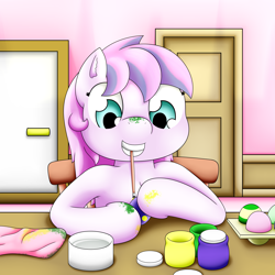 Size: 2500x2500 | Tagged: safe, artist:pvryohei, piña colada, earth pony, pony, g4, awwpplecore, bedroom, cute, easter, easter egg, egg, female, filly, high res, holiday, mouth hold, paint, paintbrush, painting, piña cutelada, solo