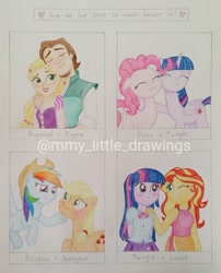 Size: 1073x1325 | Tagged: safe, artist:mmy_little_drawings, applejack, pinkie pie, rainbow dash, sunset shimmer, twilight sparkle, alicorn, earth pony, human, pony, equestria girls, g4, accessory theft, bust, clothes, crossover, eyes closed, female, flynn rider, four ships fanart, hat, lesbian, male, mare, one eye closed, rapunzel, ship:appledash, ship:sunsetsparkle, ship:twinkie, shipping, side hug, smiling, straight, tangled (disney), traditional art, twilight sparkle (alicorn), watermark, wink