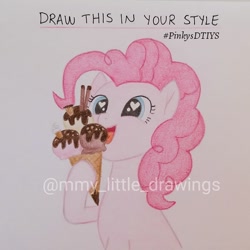 Size: 940x940 | Tagged: safe, artist:mmy_little_drawings, pinkie pie, earth pony, pony, g4, bust, eating, eyelashes, female, food, heart eyes, hoof hold, ice cream, ice cream cone, licking, mare, solo, tongue out, traditional art, watermark, wingding eyes
