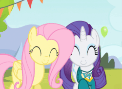 Size: 801x583 | Tagged: safe, screencap, fluttershy, rarity, filli vanilli, g4, animated, balloon, cute, nuzzling, ponytones outfit, raribetes, shyabetes