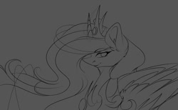Size: 1080x667 | Tagged: safe, artist:tessa_key_, princess luna, alicorn, pony, g4, bust, ear fluff, eyelashes, female, gray background, horn, jewelry, lineart, mare, monochrome, peytral, simple background, smiling, solo, tiara, wings