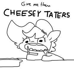 Size: 1200x1200 | Tagged: safe, artist:tjpones, oc, oc only, oc:brownie bun, earth pony, pony, black and white, dexterous hooves, female, fork, grayscale, knife, lineart, mare, monochrome, open mouth, simple background, solo, stylistic suck, white background