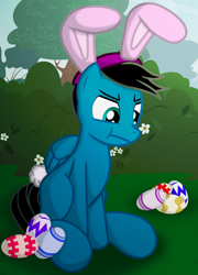 Size: 4746x6600 | Tagged: safe, artist:agkandphotomaker2000, oc, oc:pony video maker, pegasus, pony, annoyed, bunny ears, bunny tail, bush, easter, easter egg, holiday, show accurate, sitting, tree