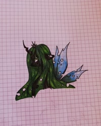 Size: 1080x1350 | Tagged: safe, artist:tessa_key_, queen chrysalis, changeling, changeling queen, g4, bust, eyelashes, female, graph paper, horn, smiling, solo, traditional art, wings