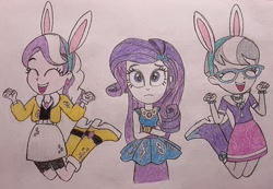 Size: 1720x1191 | Tagged: safe, artist:jebens1, diamond tiara, rarity, silver spoon, equestria girls, equestria girls series, g4, bunny ears, easter, holiday, hopperena, hopping, rarity peplum dress, silly songs, singing, story included, veggietales