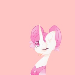Size: 1080x1080 | Tagged: safe, artist:tessa_key_, gem (race), gem pony, pony, unicorn, :p, bust, clothes, crossover, eyelashes, female, gem, horn, mare, one eye closed, pearl, pink, pink background, pink pearl, pink pearl (steven universe), ponified, simple background, solo, spoilers for another series, steven universe, tongue out, wink