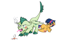 Size: 6157x3555 | Tagged: safe, artist:bronyofgalifrey9, oc, oc:starburst, oc:turquoise blitz, dracony, hybrid, pegasus, pony, kilalaverse, colt, crying, cut, duo, female, filly, forked tongue, interspecies offspring, male, offspring, open mouth, parent:flash sentry, parent:rarity, parent:spike, parent:twilight sparkle, parents:flashlight, parents:sparity, protecting, scratches, sharp teeth, simple background, smoke, teeth, tongue out, white background