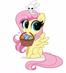 Size: 3691x4096 | Tagged: safe, artist:kittyrosie, angel bunny, fluttershy, pegasus, pony, g4, angelbetes, basket, blushing, bunny ears, cute, duo, easter, egg, holiday, looking at you, mouth hold, shyabetes, simple background, sitting, spread wings, starry eyes, white background, wingding eyes, wings