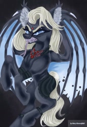 Size: 705x1024 | Tagged: safe, artist:maryhoovesfield, oc, oc only, bat pony, pony, bat pony oc, clothes, ear fluff, forked tongue, jewelry, necklace, rearing, sharp teeth, solo, teeth, tongue out