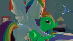 Size: 1920x1080 | Tagged: safe, artist:sexy rd, rainbow dash, oc, oc:oliver, pegasus, pony, g4, 3d, alternate universe, bedroom eyes, butt, female, large butt, lipstick, looking at each other, male, mare, on top, plot, rainbow dash's bedroom, rainbow dash's house, rainbutt dash, revamped ponies, room, smiling, source filmmaker, stallion, sunset, wing spreading