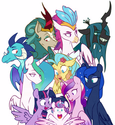 Size: 4841x5265 | Tagged: safe, artist:chub-wub, princess cadance, princess celestia, princess ember, princess flurry heart, princess luna, princess skystar, queen chrysalis, queen novo, rain shine, twilight sparkle, alicorn, changeling, changeling queen, dragon, hippogriff, kirin, pony, g4, alicorn pentarchy, aunt and niece, baby, cute, dragoness, female, filly, flurrybetes, mare, mother and child, mother and daughter, open mouth, royal sisters, siblings, simple background, sisters, sisters-in-law, twilight sparkle (alicorn), white background