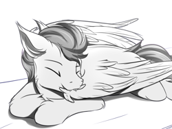 Size: 1200x900 | Tagged: safe, artist:snowstormbat, oc, oc only, oc:blitz moon, pegasus, pony, cute, eyes closed, fangs, grooming, lying down, male, preening, simple background, sketch, smiling, solo, stallion, wings