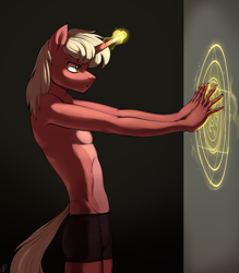 Size: 1750x2000 | Tagged: safe, artist:tigra0118, oc, oc only, oc:zane, unicorn, anthro, clothes, digital art, focused, magic, magic circle, male, partial nudity, solo, topless