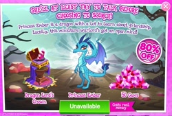 Size: 1024x694 | Tagged: safe, gameloft, screencap, princess ember, dragon, g4, advertisement, bundle, chest, claws, costs real money, crown, dragon lord's crown, dragoness, english, error, female, gem, horns, introduction card, jewelry, numbers, regalia, sale, solo, solo focus, spread wings, tail, text, wings