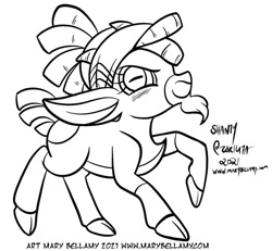 Size: 759x700 | Tagged: safe, artist:marybellamy, shanty (tfh), goat, them's fightin' herds, bandana, black and white, cloven hooves, commission, community related, confident, design, female, grayscale, lineart, looking at you, monochrome, patreon commission, rectangular pupil, simple background, smiling, solo, white background