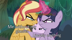 Size: 1280x720 | Tagged: safe, artist:orin331, edit, editor:notxweeb, mean twilight sparkle, starlight glimmer, sunset shimmer, alicorn, pony, unicorn, g4, the mean 6, angry, caption, image macro, mean starlight glimmer, mean sunset shimmer, meanified, meme, obtrusive watermark, text, twilight sparkle (alicorn), watermark