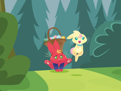 Size: 2880x2160 | Tagged: safe, anonymous artist, big macintosh, fluttershy, rabbit, series:fm holidays, g4, animal, basket, bowtie, bunnified, bunnyshy, clothes, cute, easter, easter egg, female, forest, high res, holiday, hopping, jacket, macabetes, male, open mouth, ship:fluttermac, shipping, shyabetes, species swap, straight