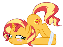 Size: 1278x950 | Tagged: safe, artist:gmaplay, sunset shimmer, pony, unicorn, g4, ass up, blush sticker, blushing, bondage, bunset shimmer, butt, face down ass up, female, heart eyes, hogtied, plot, simple background, solo, tied, tied up, transparent background, wingding eyes