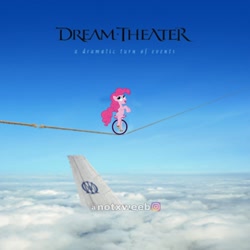 Size: 720x720 | Tagged: safe, edit, editor:notxweeb, pinkie pie, earth pony, pony, g4, cloud, dream theater, obtrusive watermark, ponified, ponified album cover, sky, tightrope, unicycle, watermark