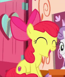 Size: 249x292 | Tagged: safe, screencap, apple bloom, sweetie belle, earth pony, pony, g4, the big mac question, adorabloom, animated, cute, eyes closed, female, filly, gif, giggling, sitting, solo focus, weapons-grade cute