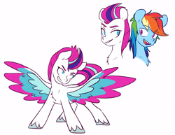 Size: 5735x4420 | Tagged: safe, artist:chub-wub, rainbow dash, zipp storm, pegasus, pony, g5, absurd resolution, duo, duo female, eye clipping through hair, eyebrows, eyebrows visible through hair, female, grin, looking at each other, looking at someone, mare, open mouth, open smile, simple background, smiling, smiling at each other, spread wings, unshorn fetlocks, white background, wings