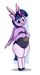 Size: 1501x2813 | Tagged: safe, artist:andelai, twilight sparkle, alicorn, semi-anthro, g4, arm hooves, basket, bipedal, bunny ears, bunny suit, choker, chubby, chubby twilight, clothes, female, legs together, leotard, pantyhose, simple background, smiling, solo, thighlight sparkle, thunder thighs, twilight sparkle (alicorn), wide hips