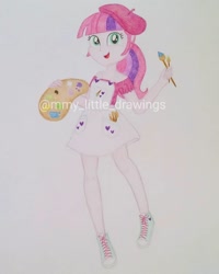 Size: 1080x1350 | Tagged: safe, artist:mmy_little_drawings, oc, oc only, equestria girls, g4, beret, clothes, female, hat, obtrusive watermark, paintbrush, palette, skirt, smiling, solo, traditional art, watermark